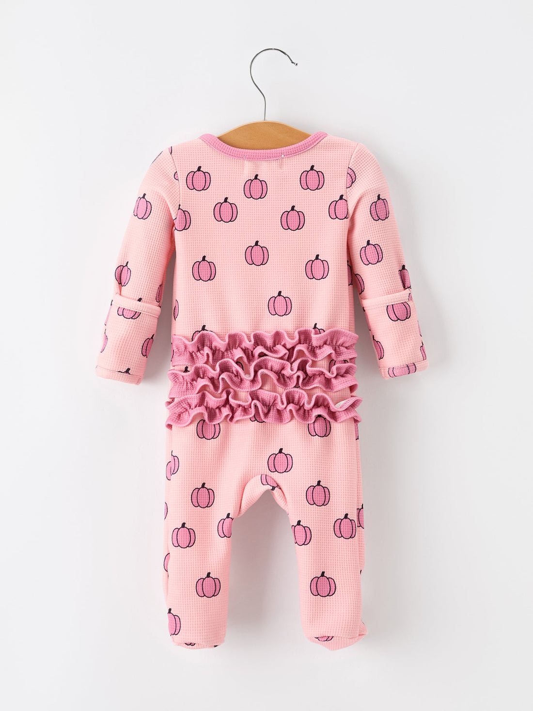 Fall Thanksgiving Pink Pumpkin Ruffle Zip Sleeper Waffle Jumpsuit