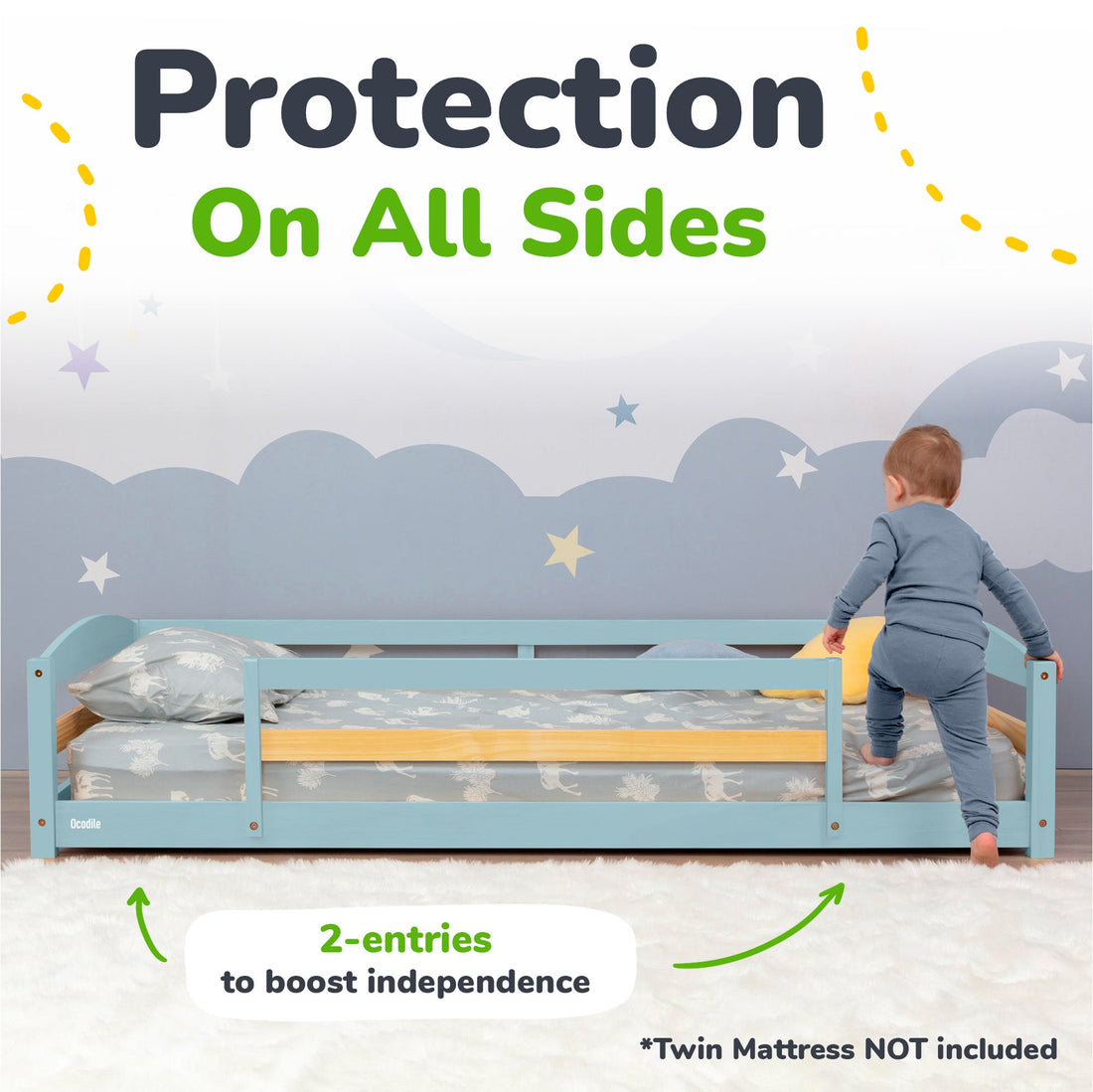 Twin Size Montessori-Inspired Floor Bed with Safety Guardrails for Kids