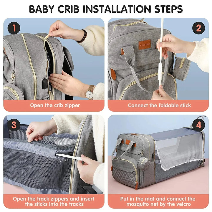 3 in 1 Diaper Bag Backpack with Foldable Baby Bed & USB