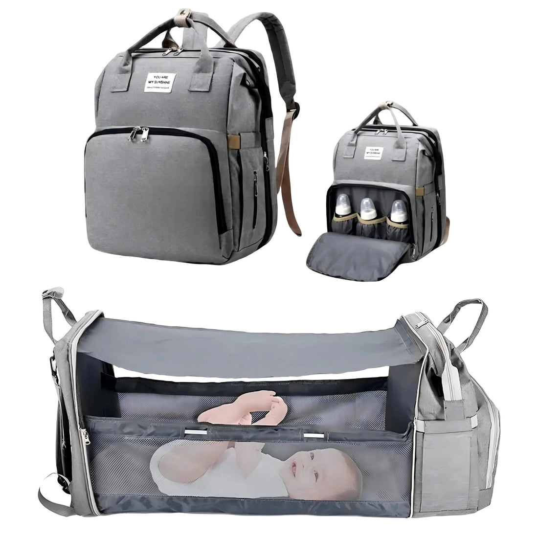 3 in 1 Diaper Bag Backpack with Foldable Baby Bed & USB