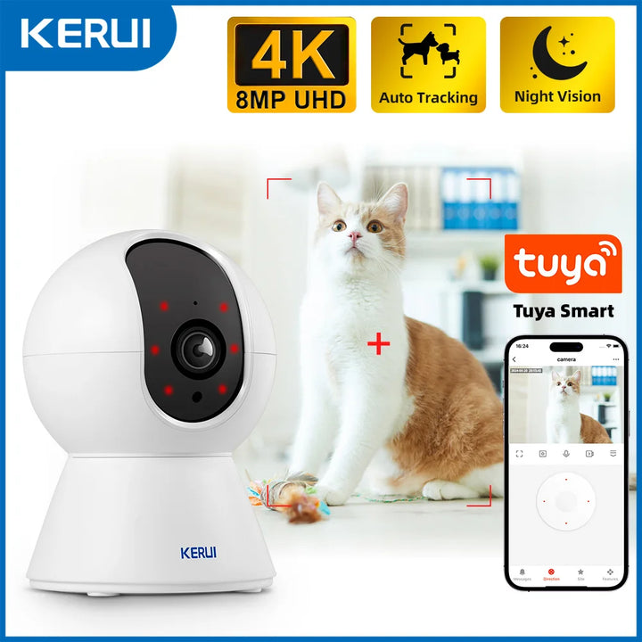 KERUI WiFi IP Pets Camera Home Security Dog Cats Camera Tuya Smart 4K 8MP HD Video Night Vision Surveillance AI Alerts Mini Cam