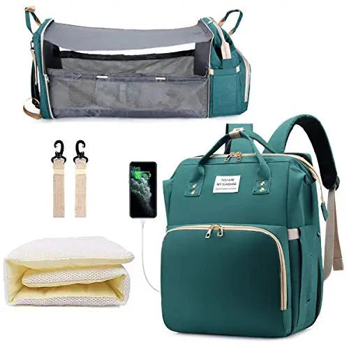 3 in 1 Diaper Bag Backpack with Foldable Baby Bed & USB