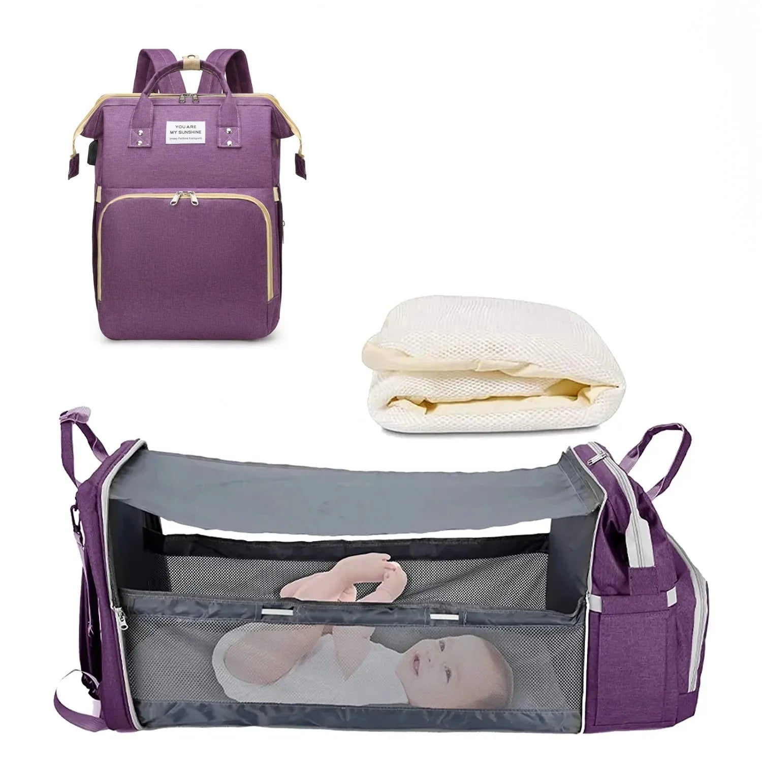 3 in 1 Diaper Bag Backpack with Foldable Baby Bed & USB