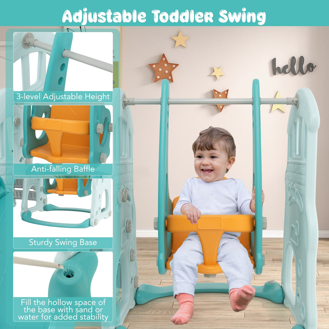 Toddler Slide and Swing Set  with Extra-long Slide Height Adjustable Swing Basketball Hoop and Climber